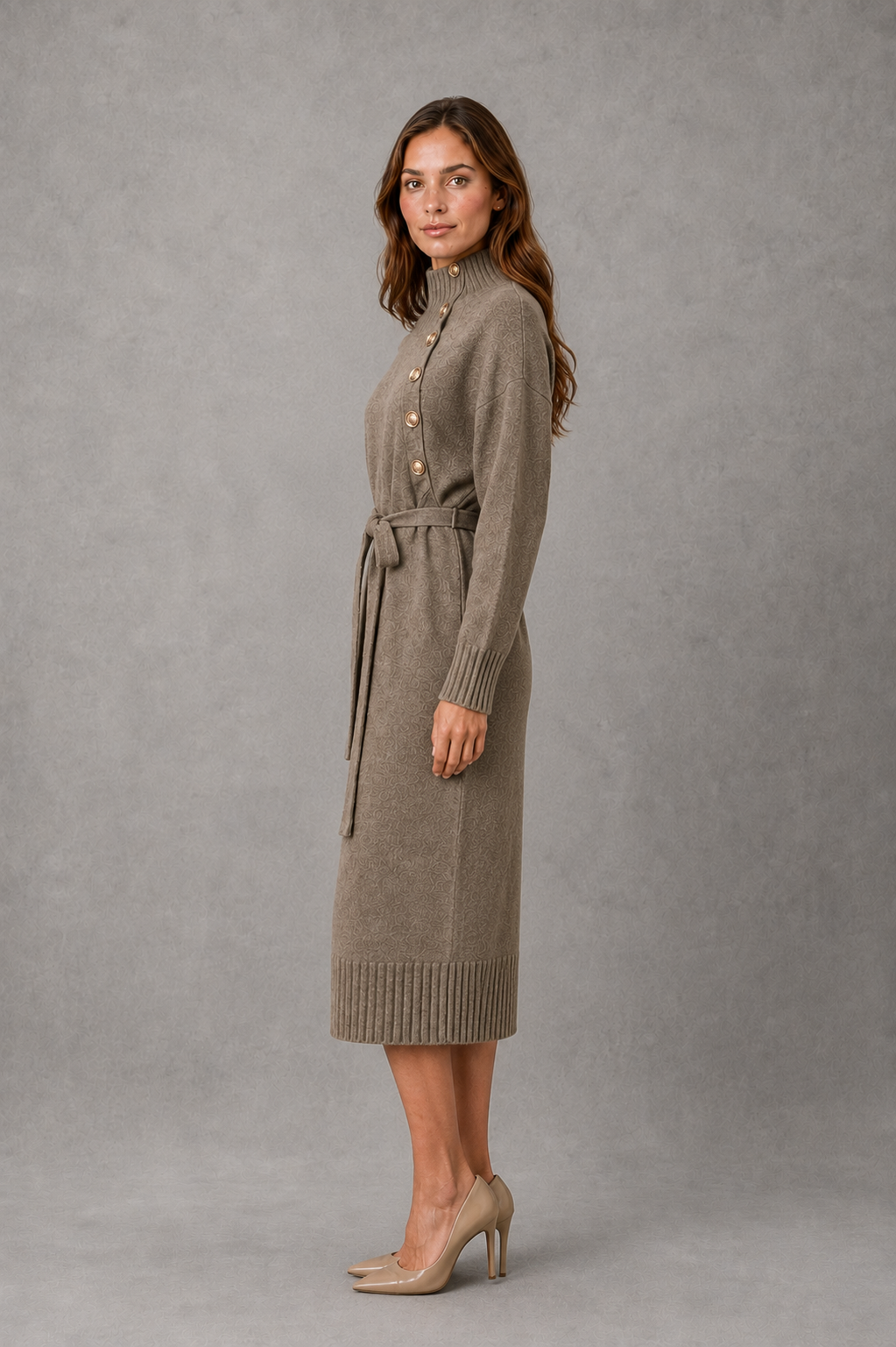 Women’s turtleneck sweater dress with decorative button detailing, long sleeves and an adjustable self-tie waist for a flattering feminine silhouette.