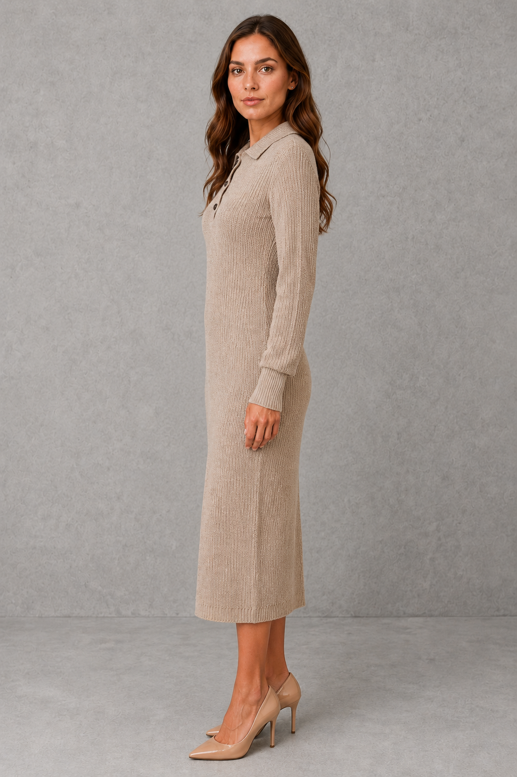 Women’s knit midi sweater dress with a polo-style collar, button-neck placket, long sleeves, ribbed cuffs and hem, and a relaxed straight silhouette.
