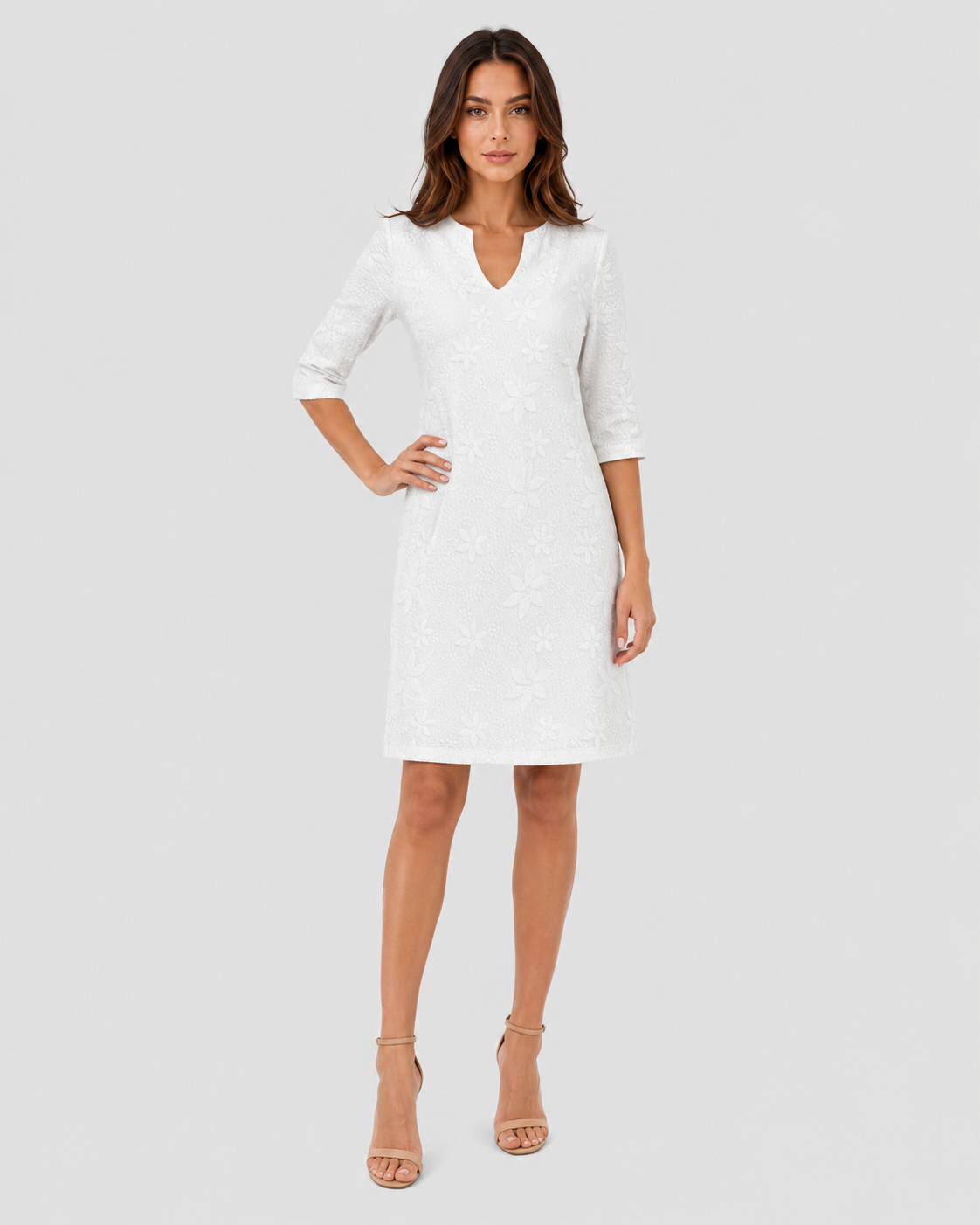 Women’s V-neck floral summer dress featuring a relaxed, loose-fitting silhouette with three-quarter sleeves and a knee-length hem. Made from lightweight, breathable fabric for warm-weather comfort. Available in White, Black, Pink, Blue, and Khaki, in sizes S–5XL.