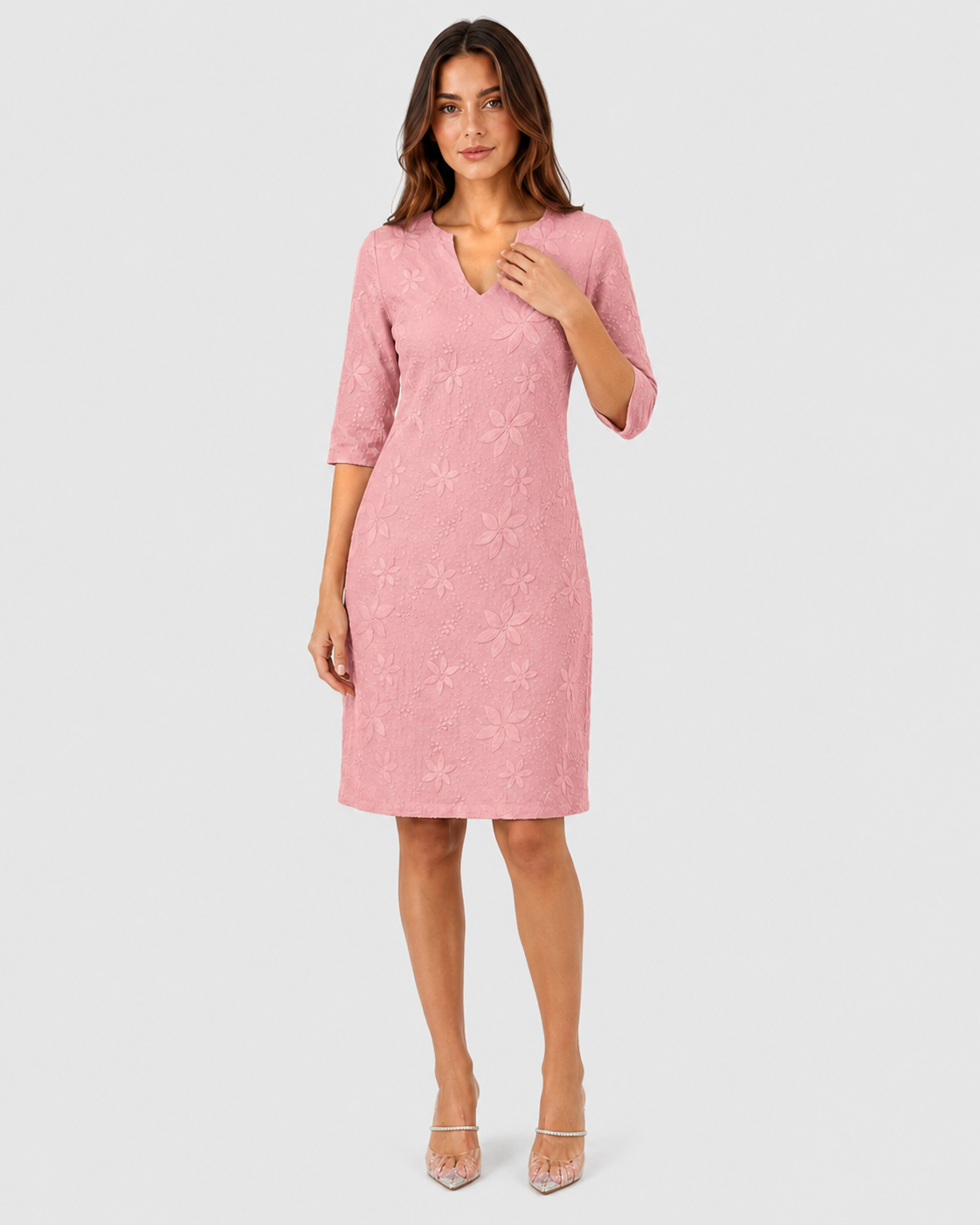 Women’s V-neck floral summer dress featuring a relaxed, loose-fitting silhouette with three-quarter sleeves and a knee-length hem. Made from lightweight, breathable fabric for warm-weather comfort. Available in White, Black, Pink, Blue, and Khaki, in sizes S–5XL.