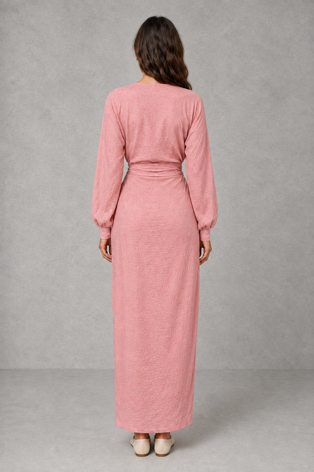 Women’s V-neck ruched wrap maxi dress with a draped front, gathered waist, long cuffed sleeves, flowing full-length skirt, and subtle side slit.
