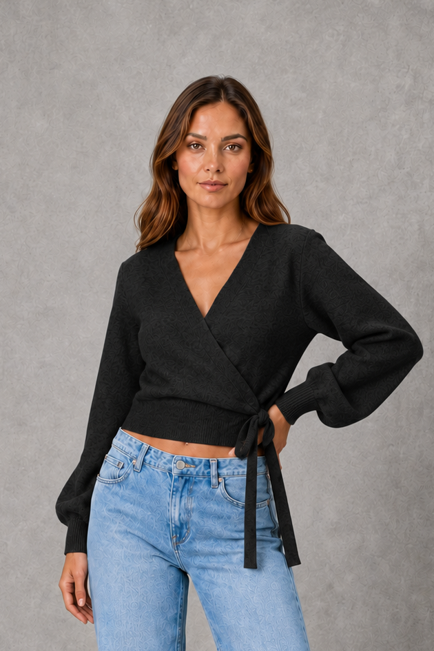 Women’s V-neck wrap knit sweater with a crossover front, long sleeves and adjustable self-tie waist for a flattering feminine fit.