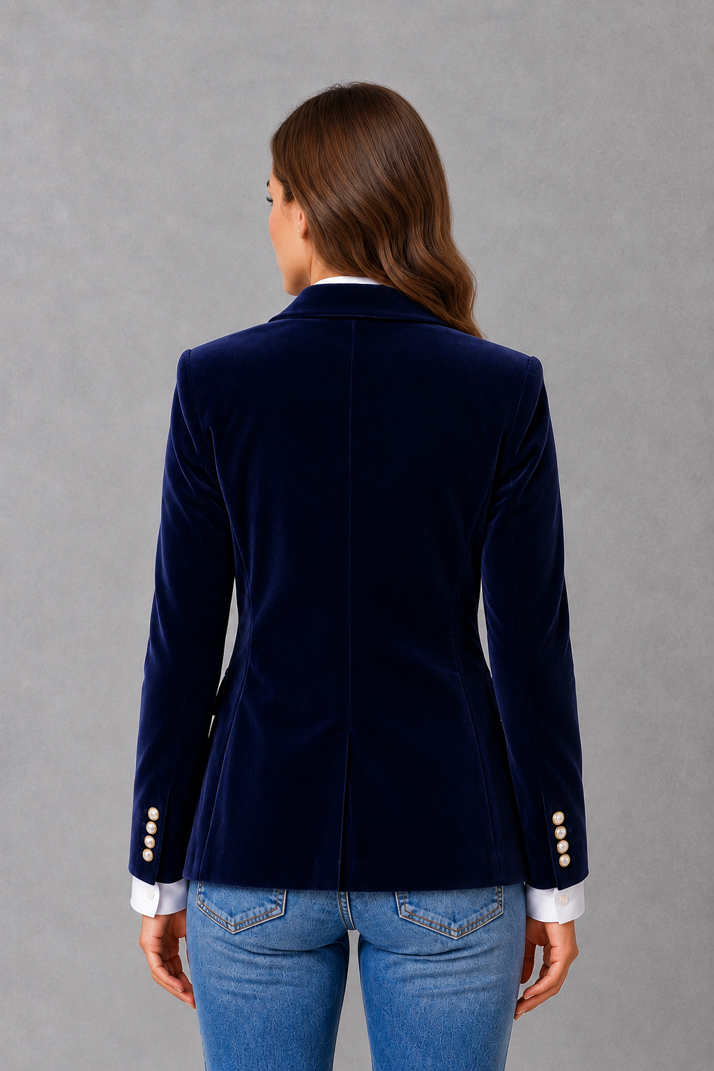 Women’s velvet blazer with a soft luxe-inspired finish, classic lapel collar, flattering tailored silhouette, and elegant feminine styling.