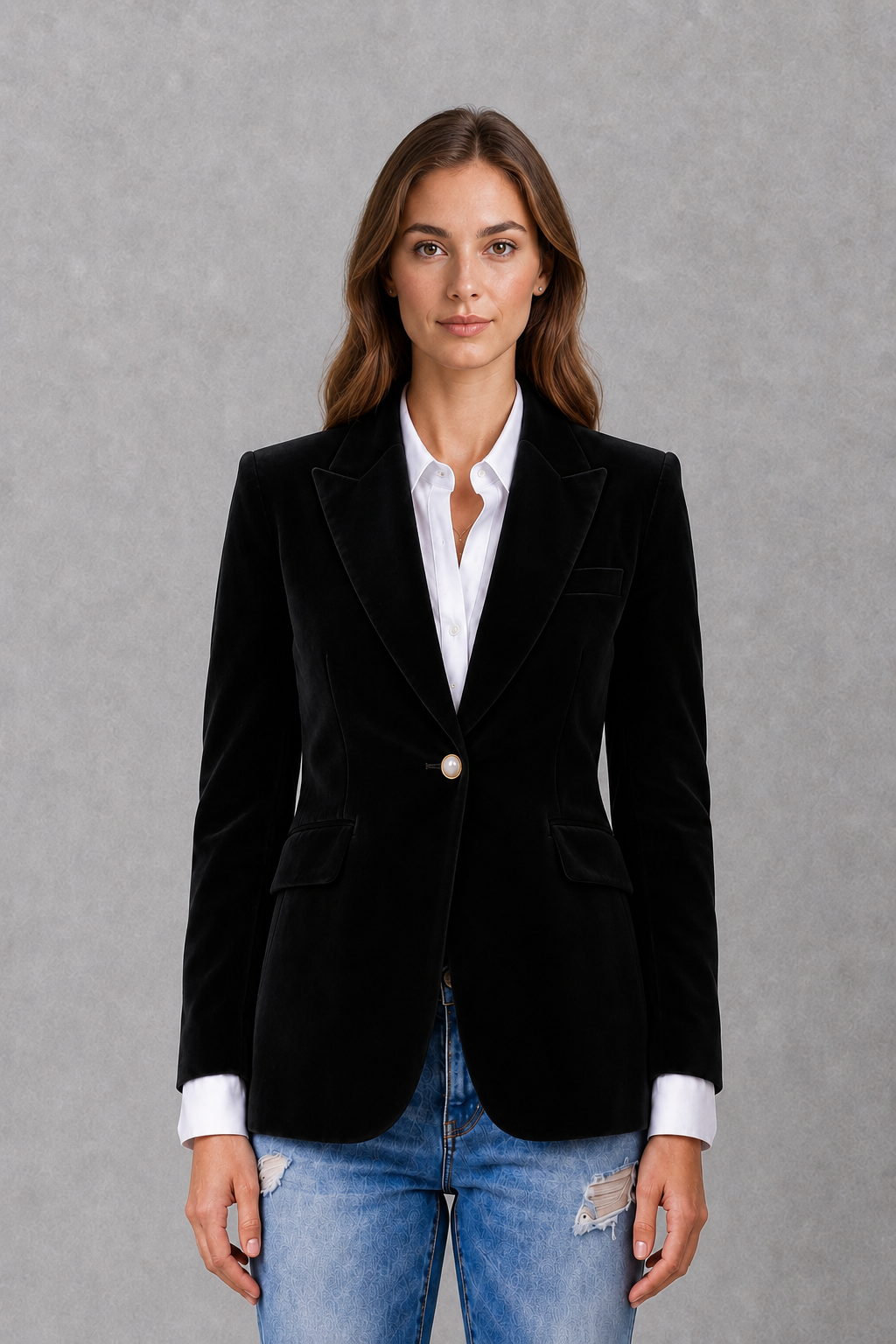 Women’s velvet blazer with a soft luxe-inspired finish, classic lapel collar, flattering tailored silhouette, and elegant feminine styling.