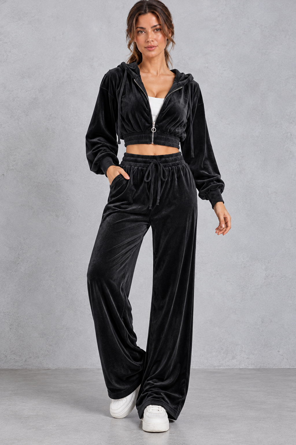 Women's velvet lounge set, full-length styled view