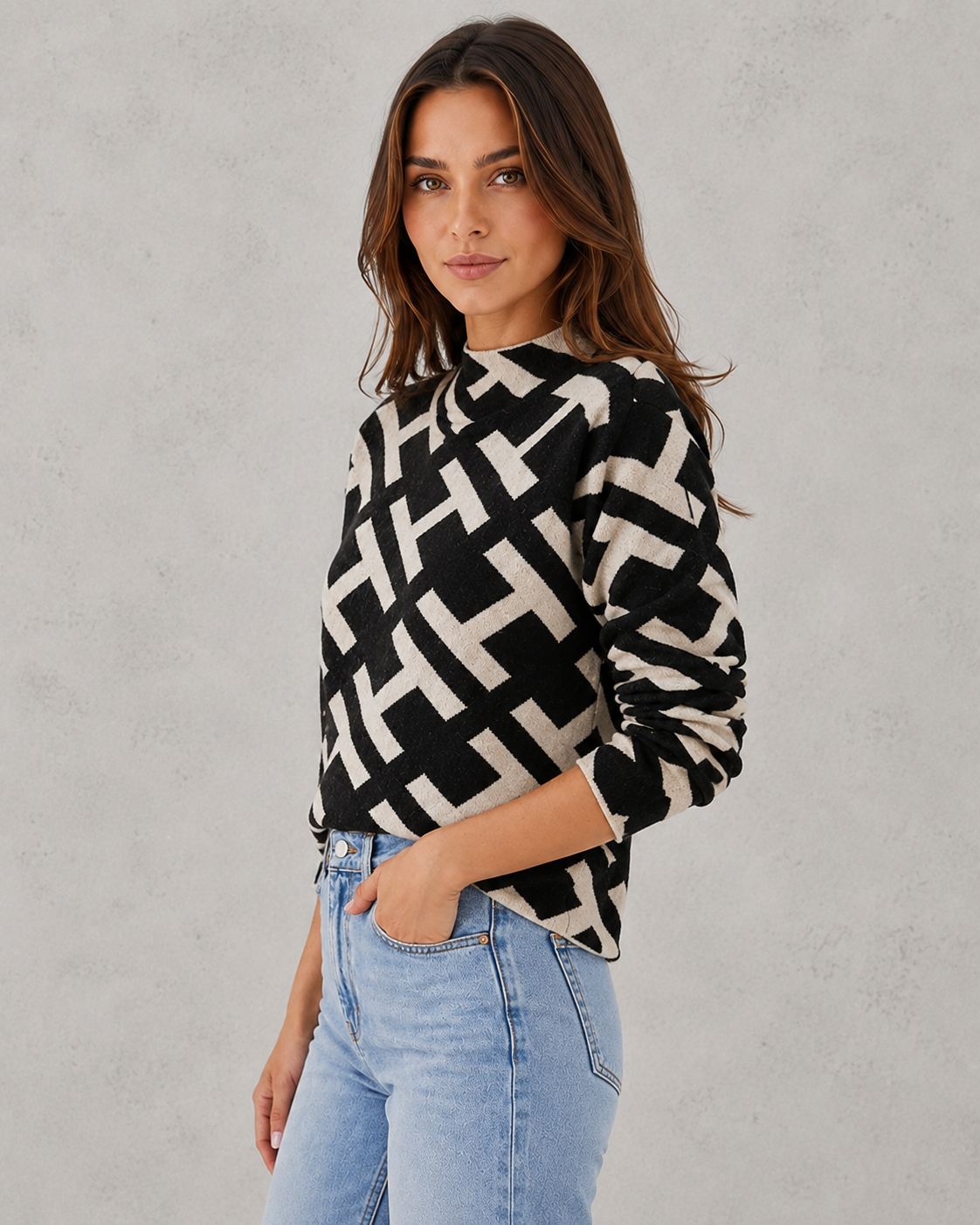 Woman wearing a soft velvet yarn turtleneck sweater with a refined silhouette and elegant winter styling.