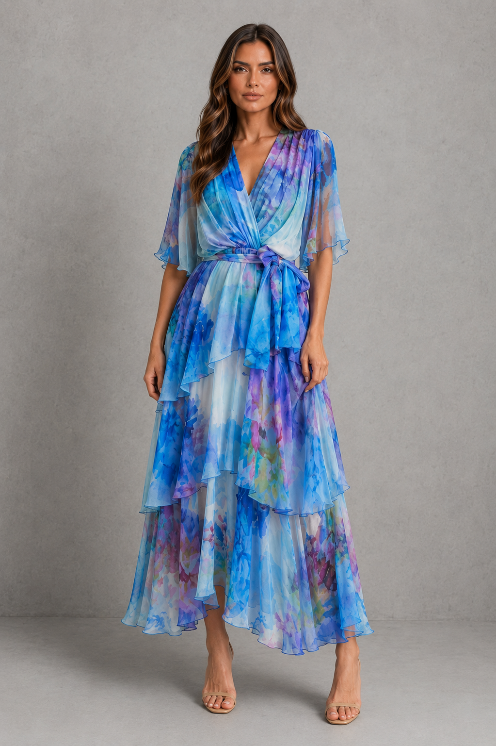 Womenโs watercolour chiffon maxi dress with wrap V-neckline, flutter sleeves, tie waist and tiered skirt in soft pastel floral tones.