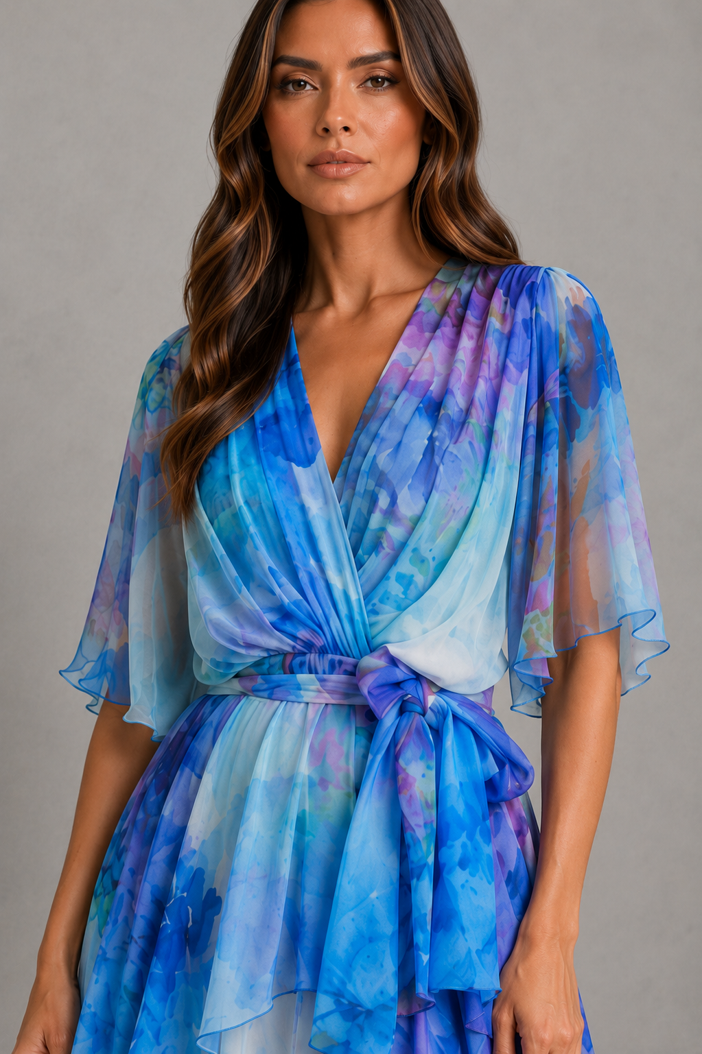 Womenโs watercolour chiffon maxi dress with wrap V-neckline, flutter sleeves, tie waist and tiered skirt in soft pastel floral tones.