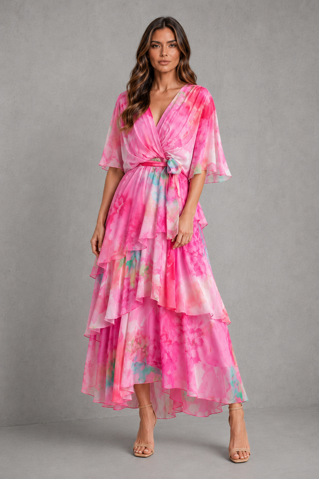 Womenโs watercolour chiffon maxi dress with wrap V-neckline, flutter sleeves, tie waist and tiered skirt in soft pastel floral tones.