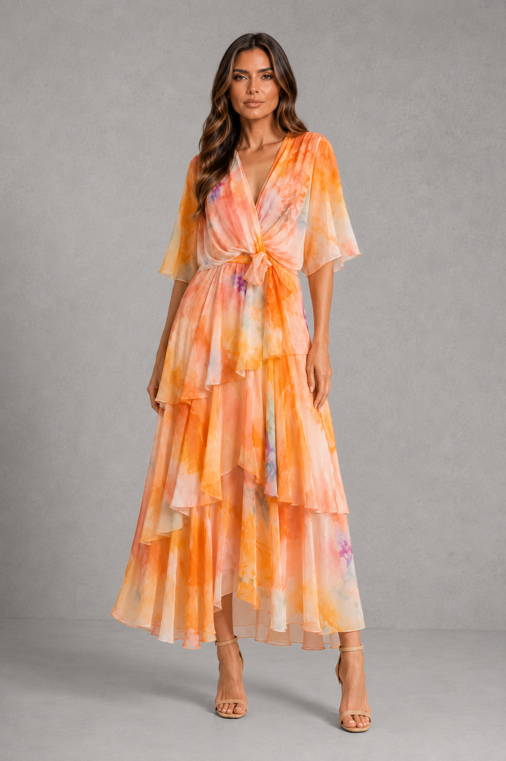 Womenโs watercolour chiffon maxi dress with wrap V-neckline, flutter sleeves, tie waist and tiered skirt in soft pastel floral tones.