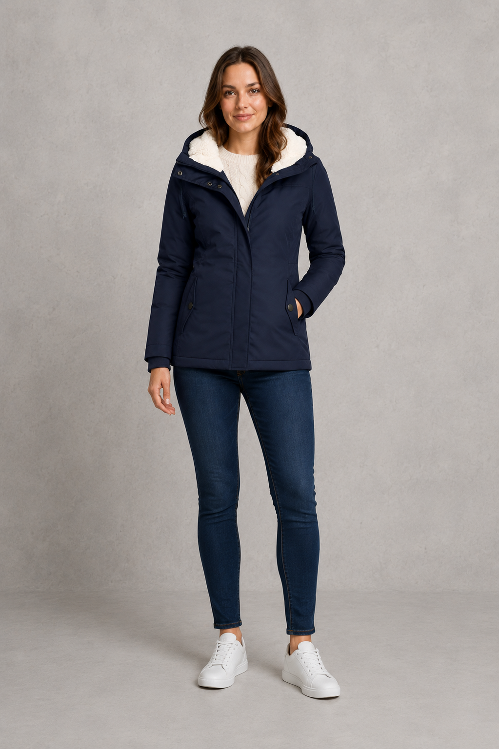 Women’s waterproof hooded longline rain coat with an adjustable hood, insulated lining, regular fit, and extended length for added weather protection.