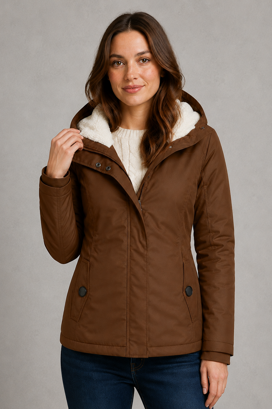 Women’s waterproof hooded longline rain coat with an adjustable hood, insulated lining, regular fit, and extended length for added weather protection.