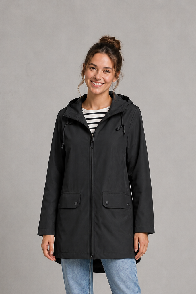 Women’s waterproof windproof hooded coat with lightweight performance fabric, an adjustable protective hood and a flattering regular-fit silhouette.
