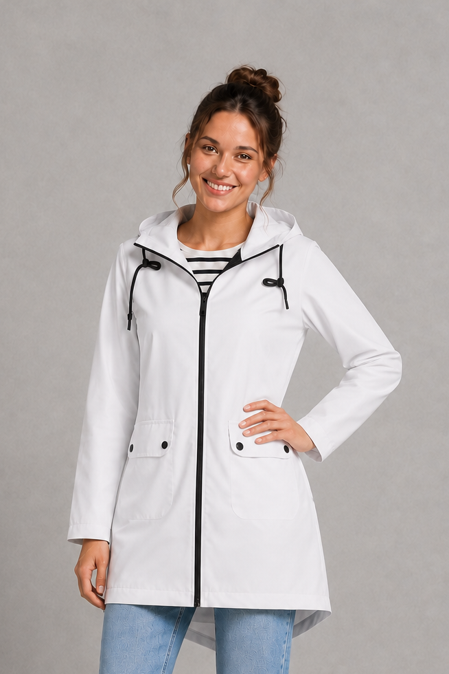 Women’s waterproof windproof hooded coat with lightweight performance fabric, an adjustable protective hood and a flattering regular-fit silhouette.