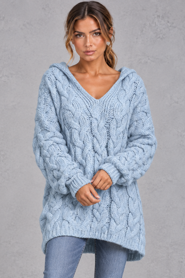 Women's chunky cable knit hooded sweater, front view