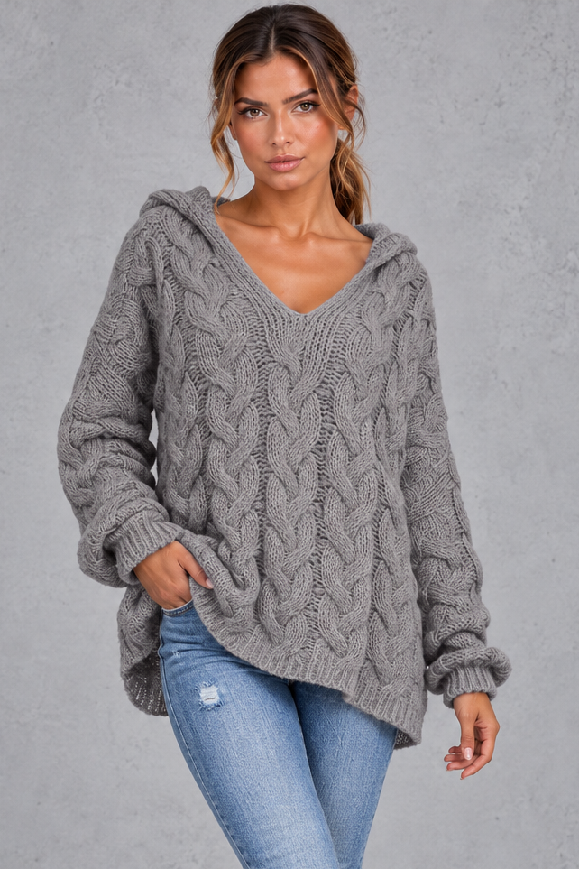 Cable knit hooded sweater in rose