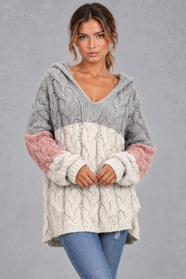 Cable knit hooded sweater in lavender