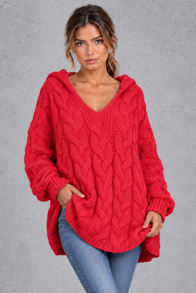 Cable knit hooded sweater in silver