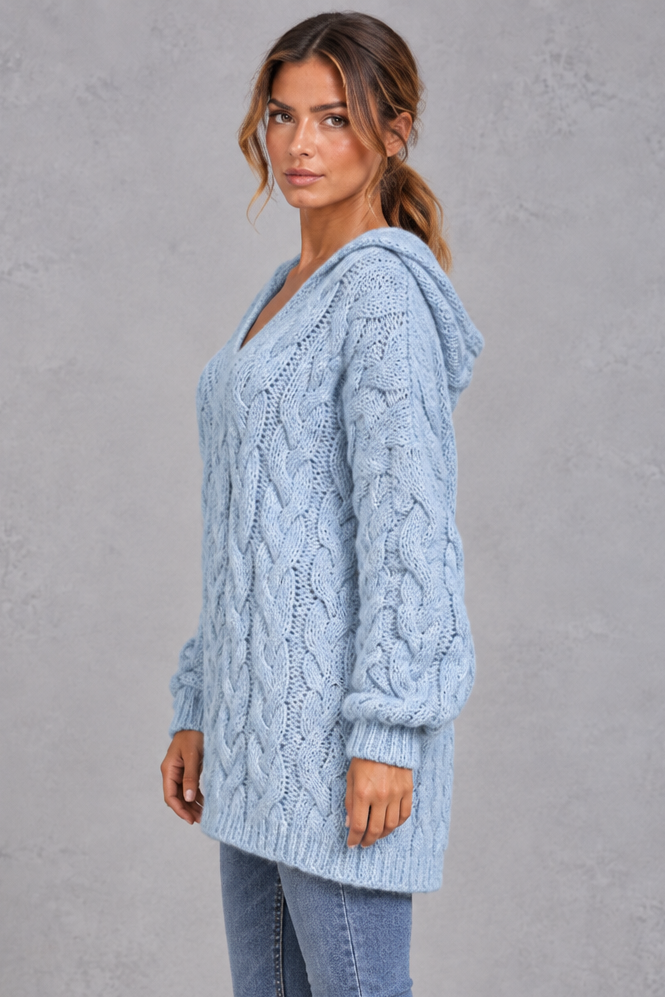 Oversized cable knit hoodie sweater styled with jeans