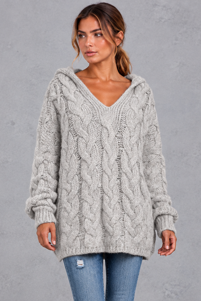 Detail of attached hood and V-neck opening