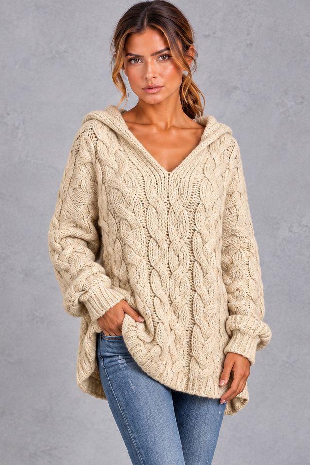 Cable knit hooded sweater in black