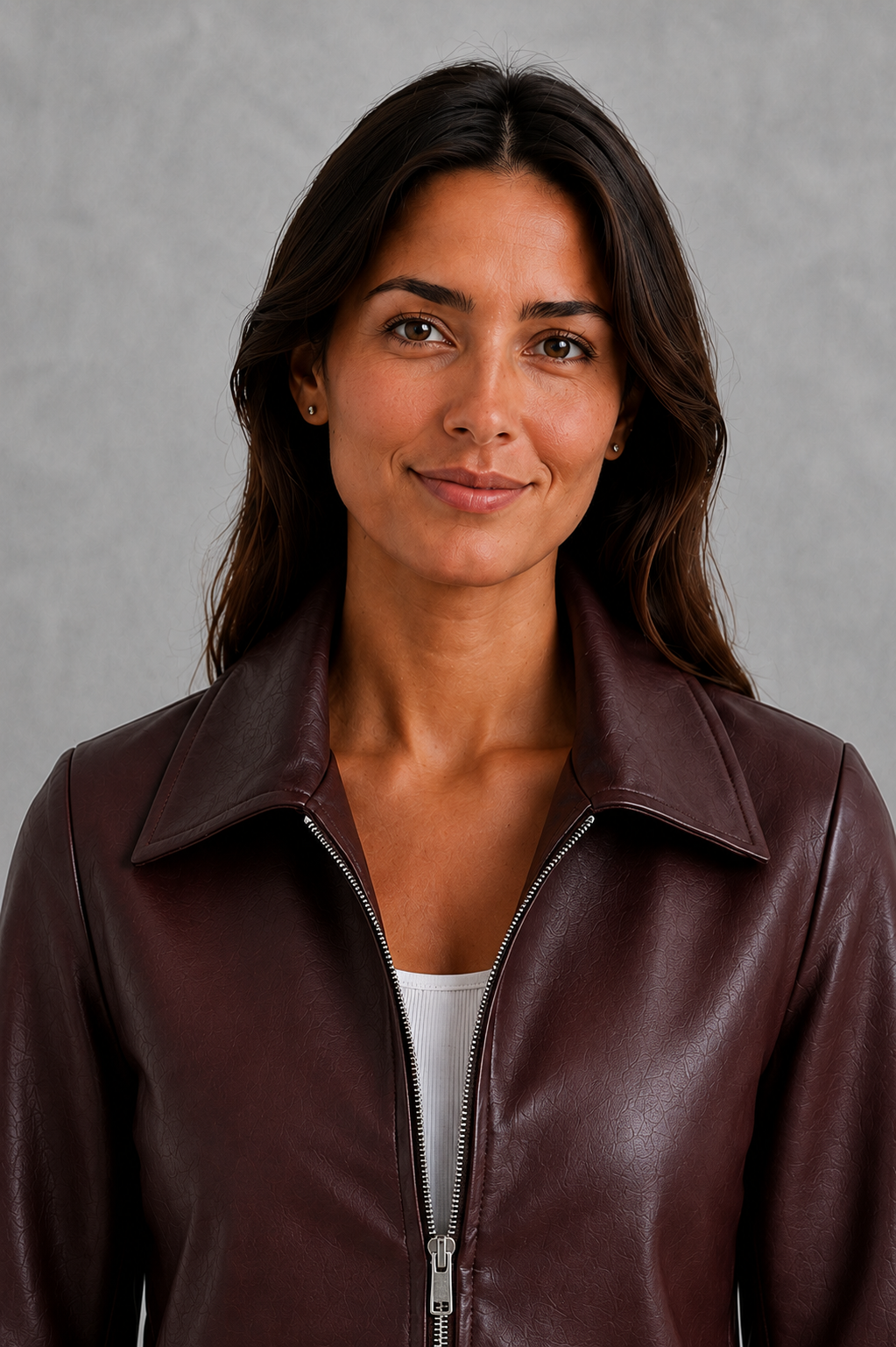 Women’s wine faux leather biker jacket with a smooth leather-look finish, zip-front closure, structured tailored fit, and streamlined moto-inspired silhouette.