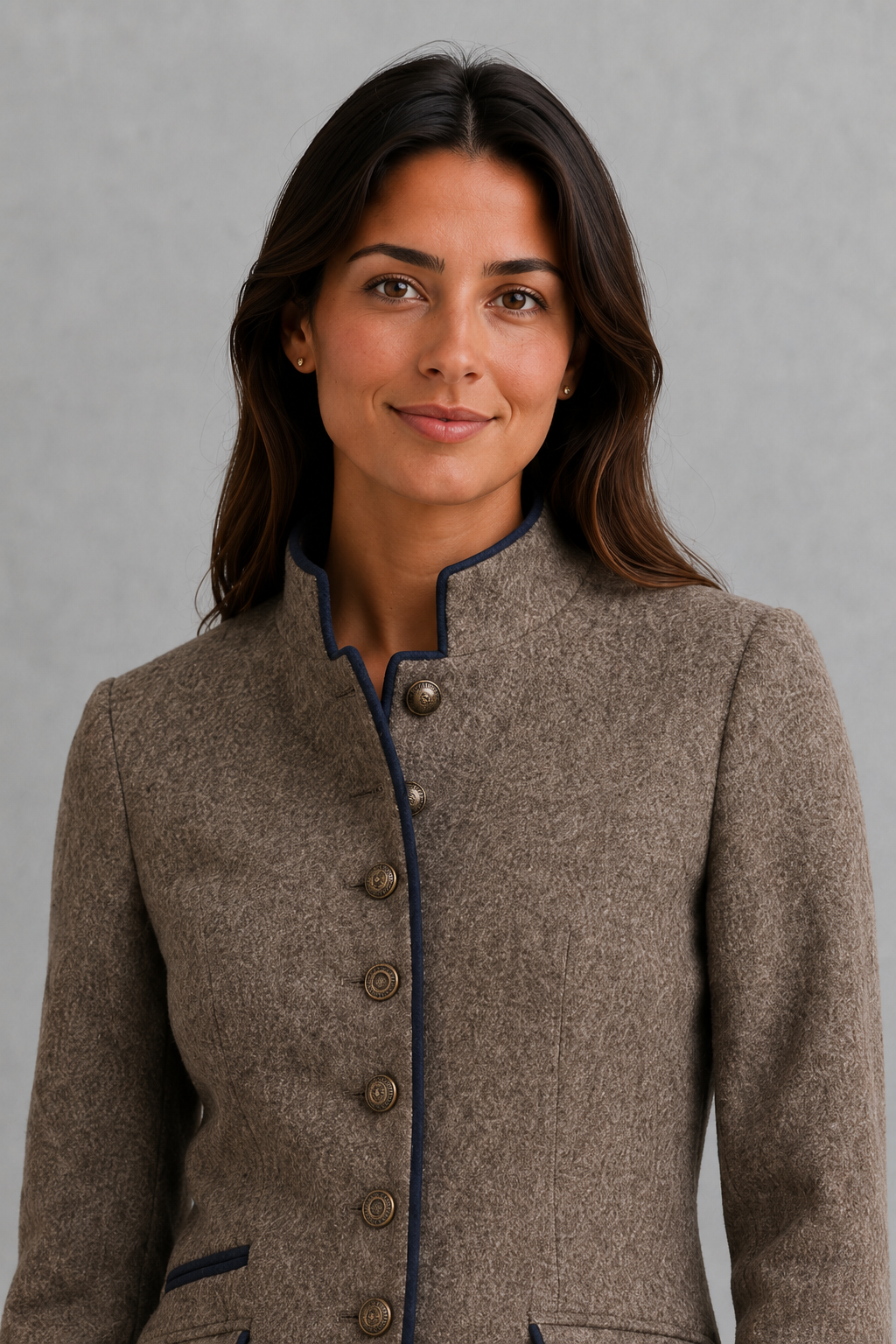 Women’s wool-blend stand collar blazer with a structured tailored silhouette, button-front closure, gentle waist definition, and refined button detailing.