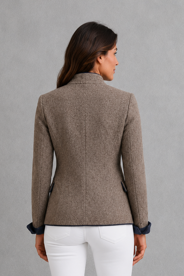 Women’s wool-blend stand collar blazer with a structured tailored silhouette, button-front closure, gentle waist definition, and refined button detailing.