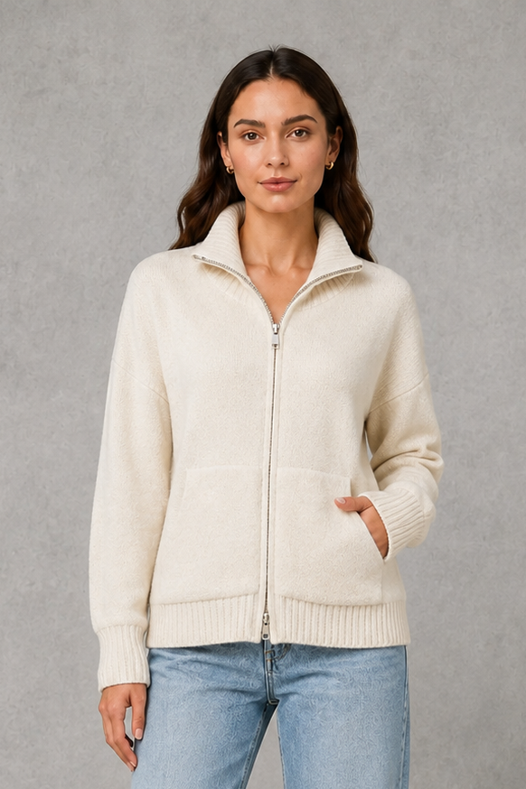 Women’s zip-up funnel neck cardigan with soft knit fabric, full front zipper, patch pockets, long sleeves, and ribbed cuffs and hem.