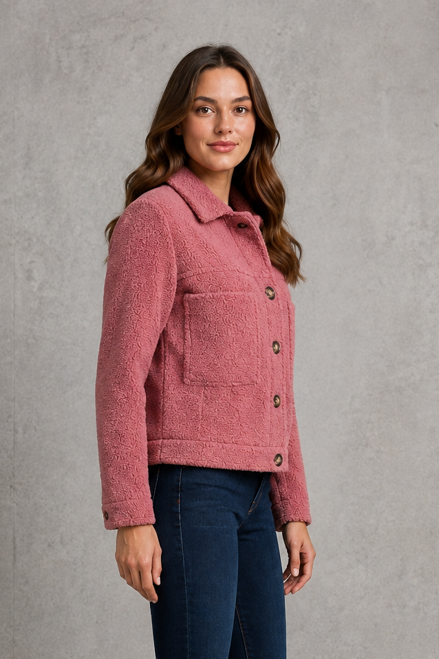 Women’s zip-up sherpa fleece jacket with soft teddy-style fabric, relaxed fit, long sleeves, full front zipper, and spacious side pockets.