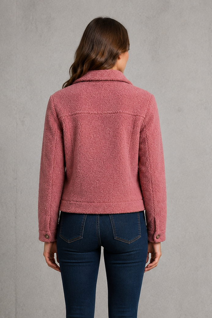 Women’s zip-up sherpa fleece jacket with soft teddy-style fabric, relaxed fit, long sleeves, full front zipper, and spacious side pockets.