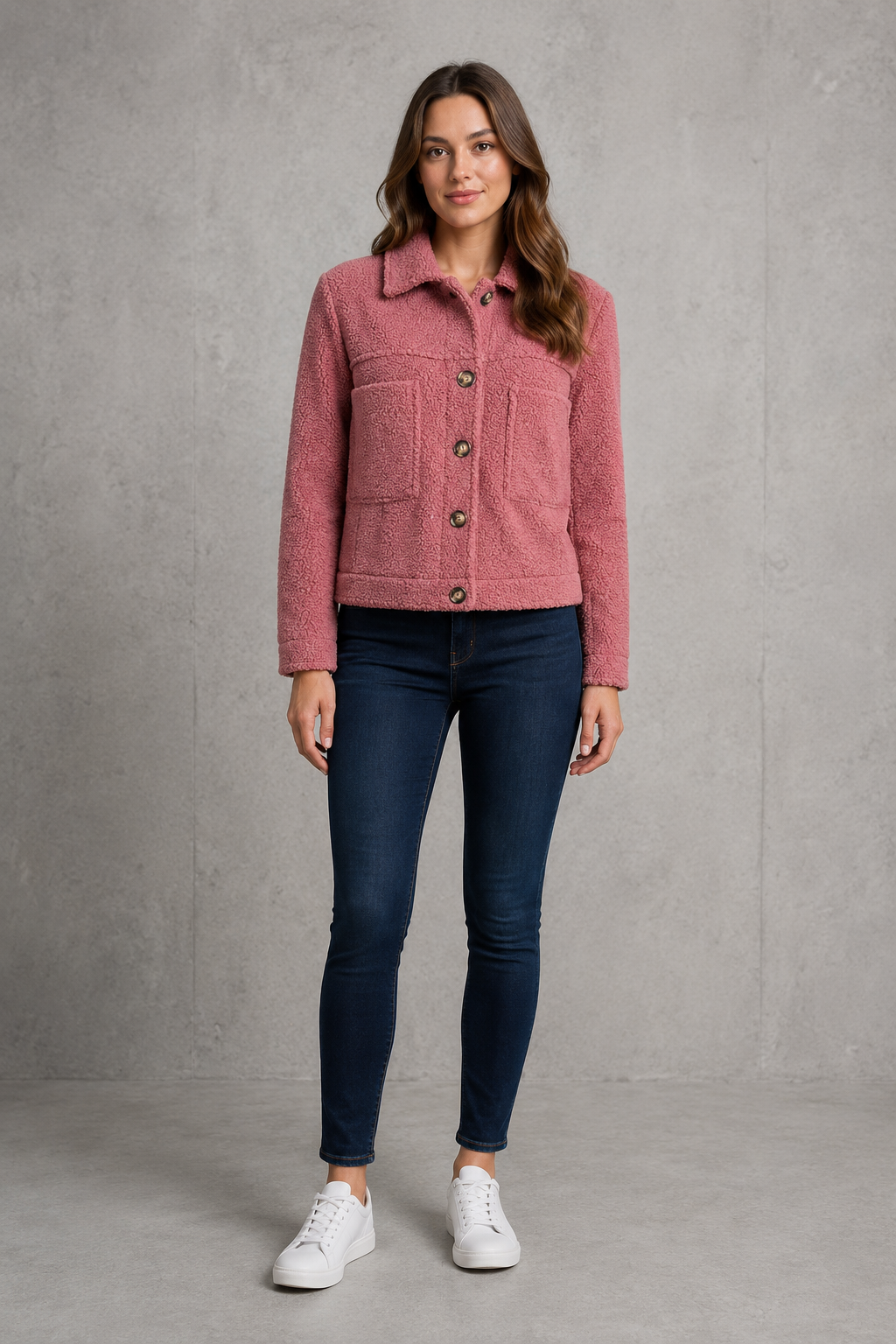 Women’s zip-up sherpa fleece jacket with soft teddy-style fabric, relaxed fit, long sleeves, full front zipper, and spacious side pockets.