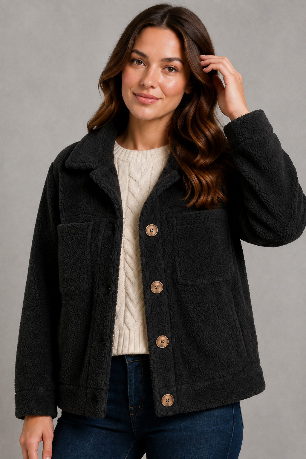 Women’s zip-up sherpa fleece jacket with soft teddy-style fabric, relaxed fit, long sleeves, full front zipper, and spacious side pockets.
