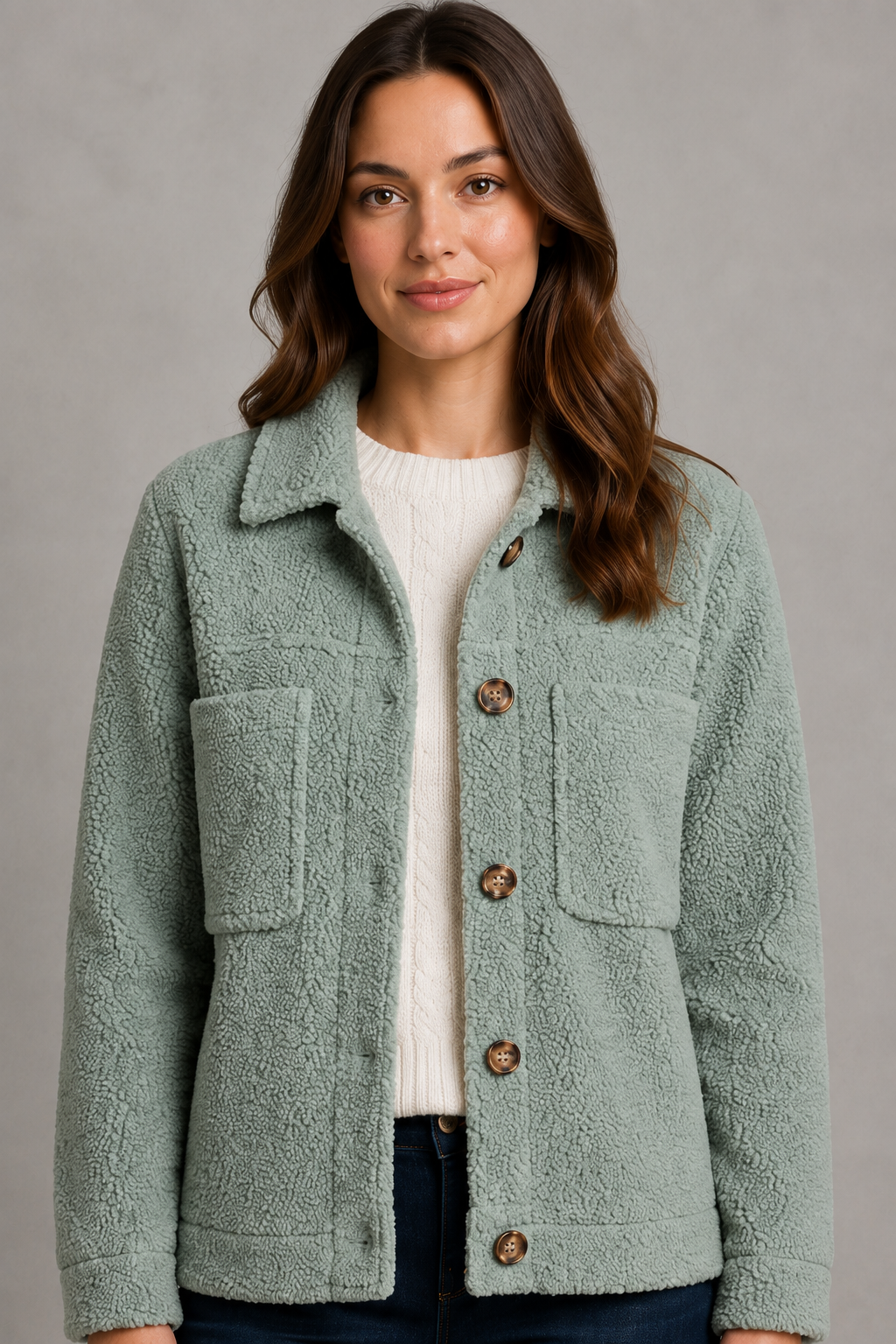 Women’s zip-up sherpa fleece jacket with soft teddy-style fabric, relaxed fit, long sleeves, full front zipper, and spacious side pockets.