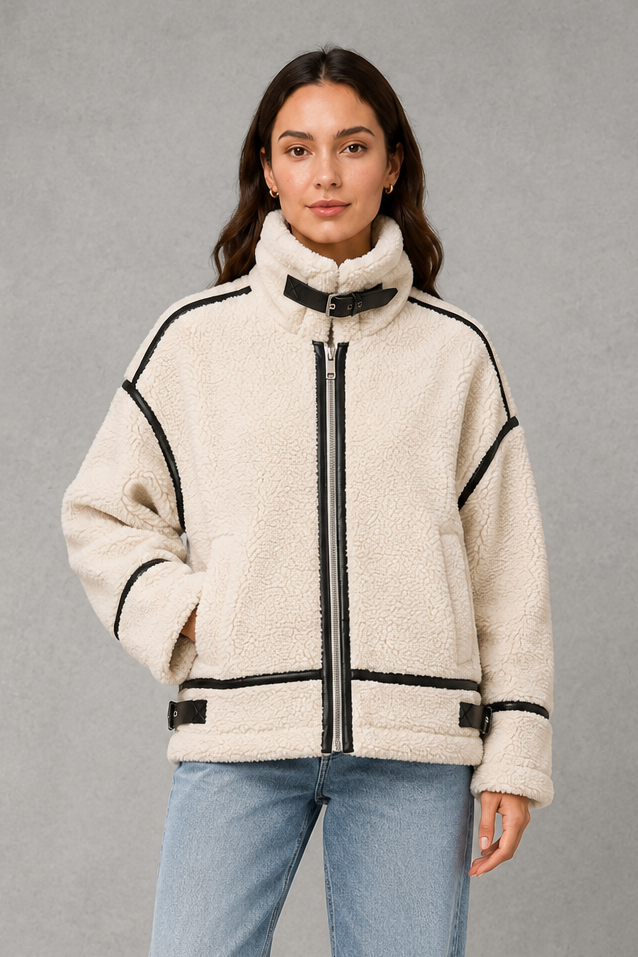 Women’s zip-up sherpa teddy coat with a soft plush texture, warm interior, front zipper and relaxed silhouette for cozy cold-weather layering.