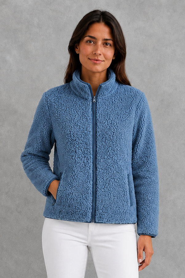 Women’s zip-up sherpa teddy jacket with a soft plush texture, relaxed silhouette and cozy fleece construction for everyday cold-weather layering.