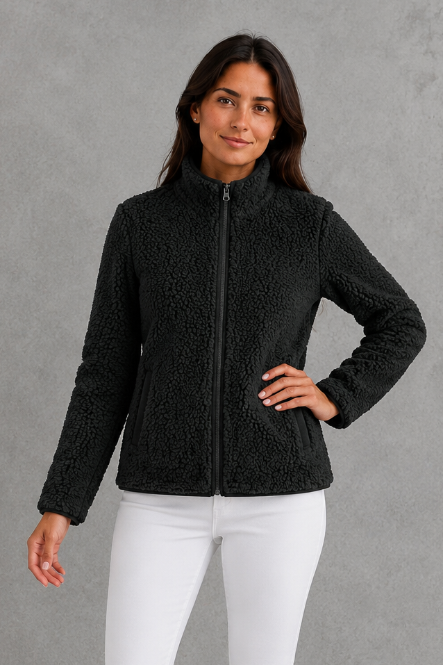 Women’s zip-up sherpa teddy jacket with a soft plush texture, relaxed silhouette and cozy fleece construction for everyday cold-weather layering.