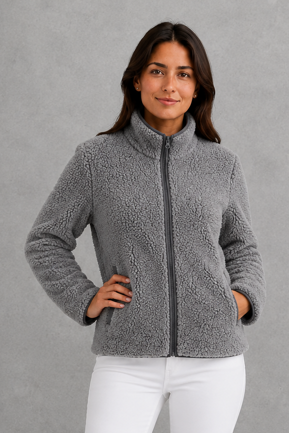 Women’s zip-up sherpa teddy jacket with a soft plush texture, relaxed silhouette and cozy fleece construction for everyday cold-weather layering.