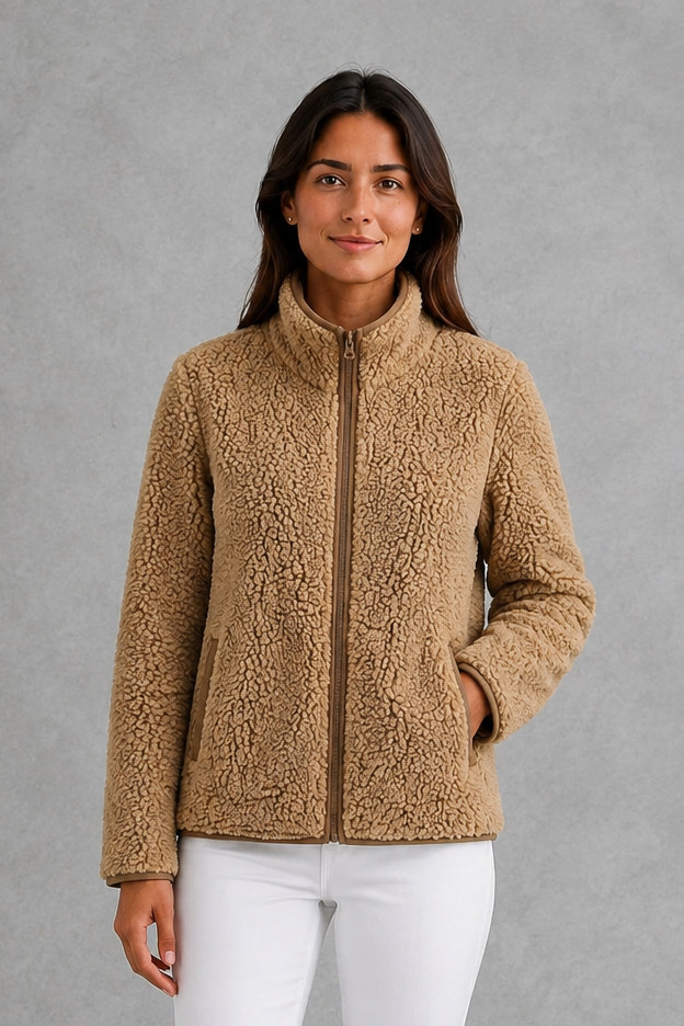 Women’s zip-up sherpa teddy jacket with a soft plush texture, relaxed silhouette and cozy fleece construction for everyday cold-weather layering.