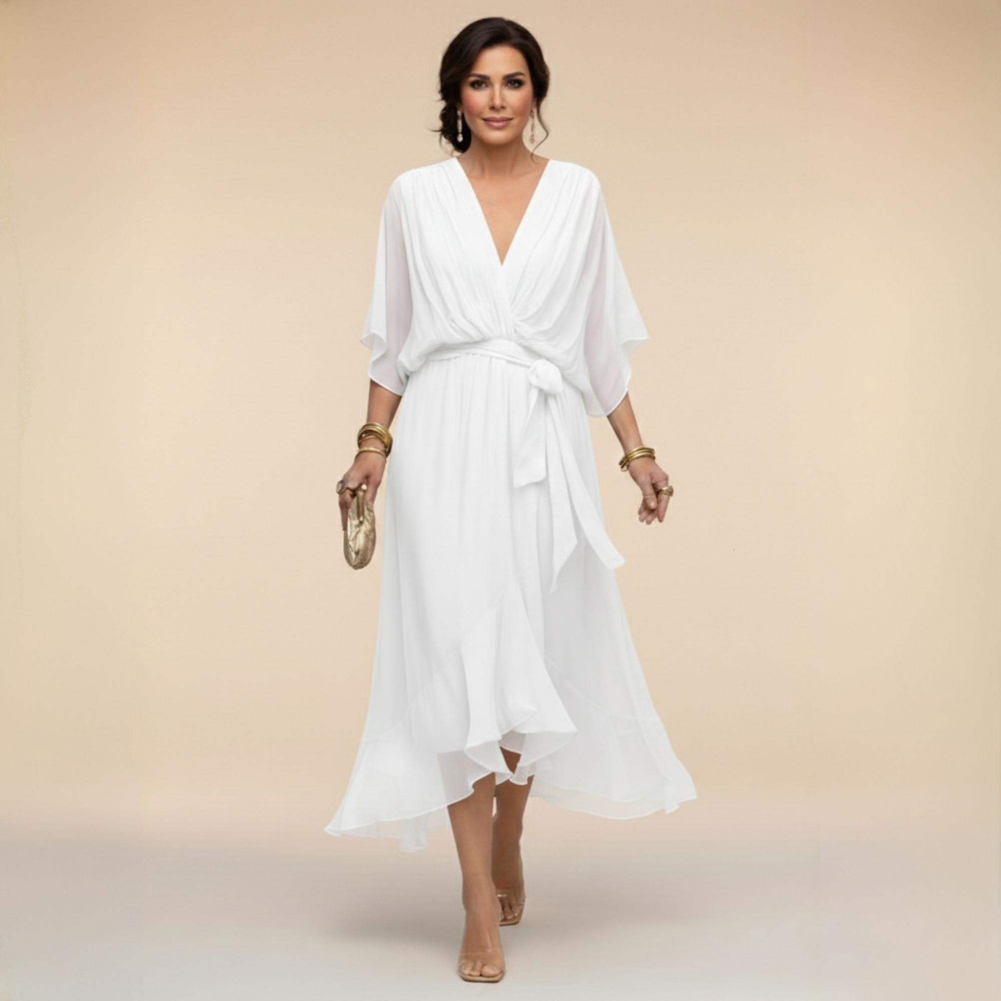 Women’s flowing chiffon dress with V-neck and graceful silhouette
