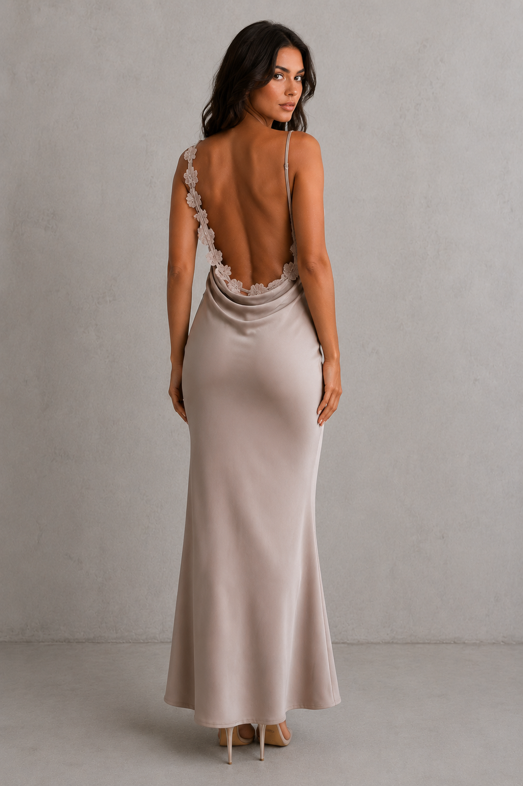 Women's satin maxi dress with delicate floral appliqué detailing, elegant flowing silhouette, and soft sheen finish, ideal for weddings, formal occasions, evening events, and special celebrations.