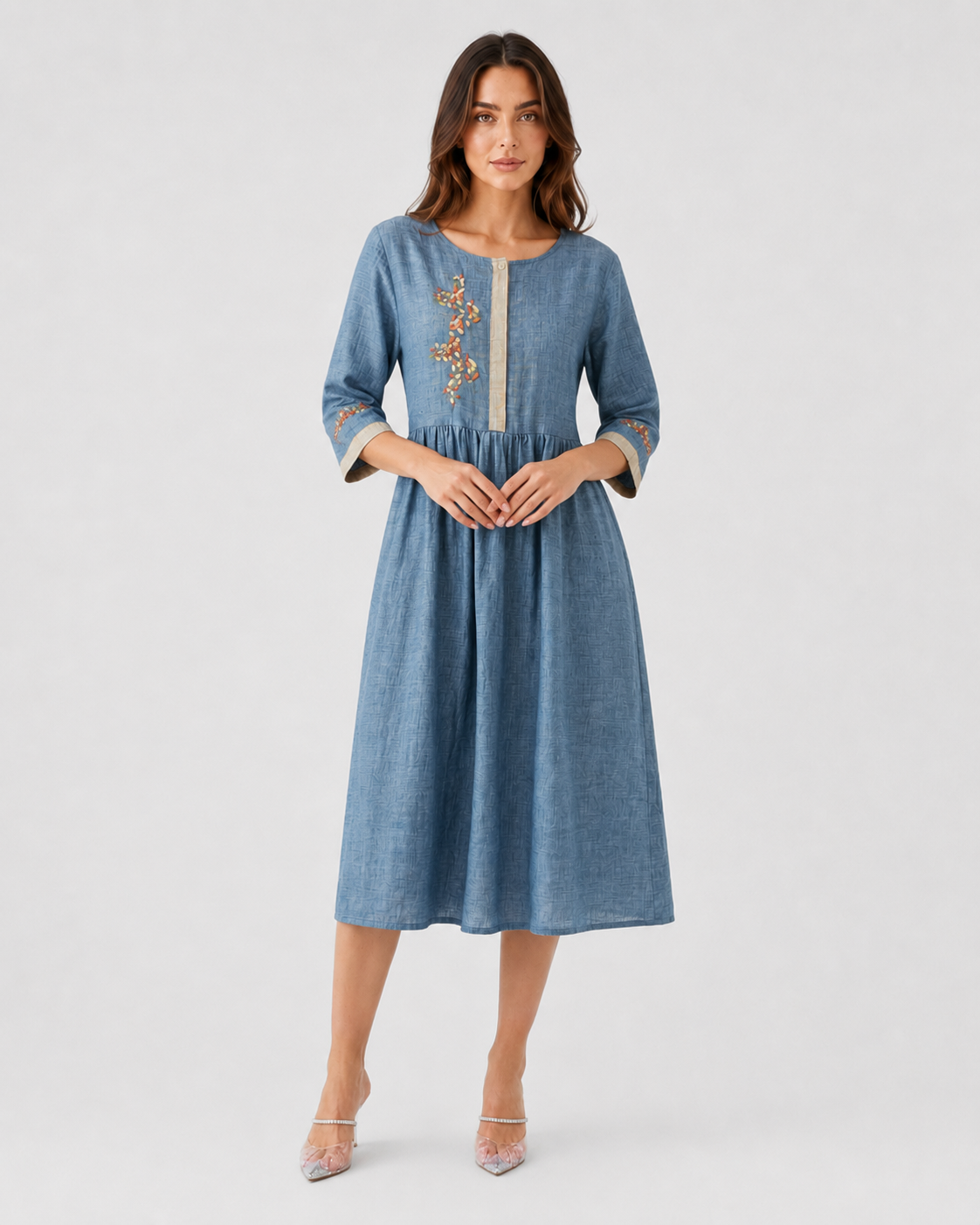 Shop the Klyne Studios Women's Embroidered Ethnic-Style Dress with elegant embroidery, half-length sleeves, and a relaxed flared fit. Lightweight and breathable, available in Blue, Yellow, White, and Green, sizes XS–3XL.