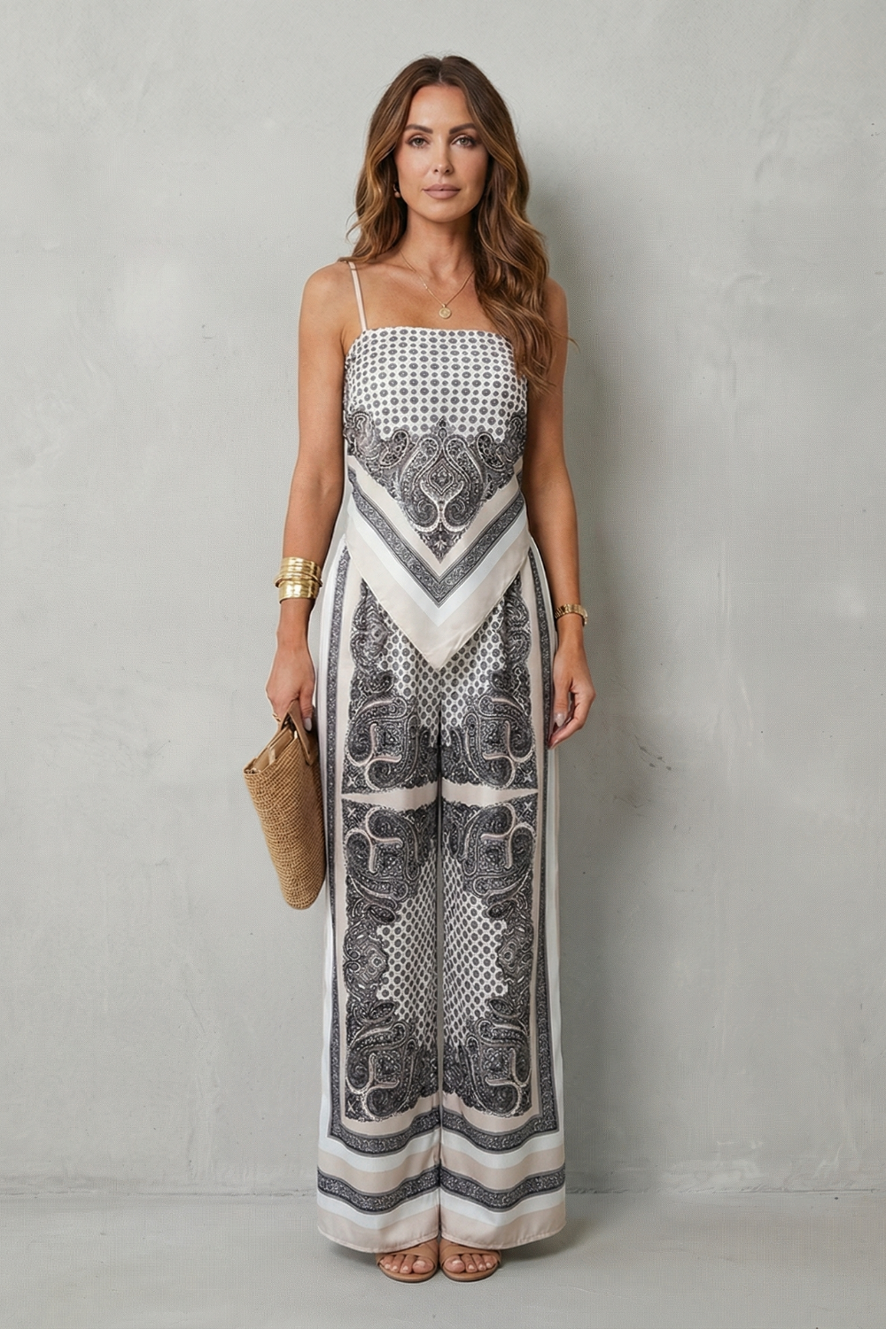 Blue colorway of the printed top and wide-leg pants set, full-length view