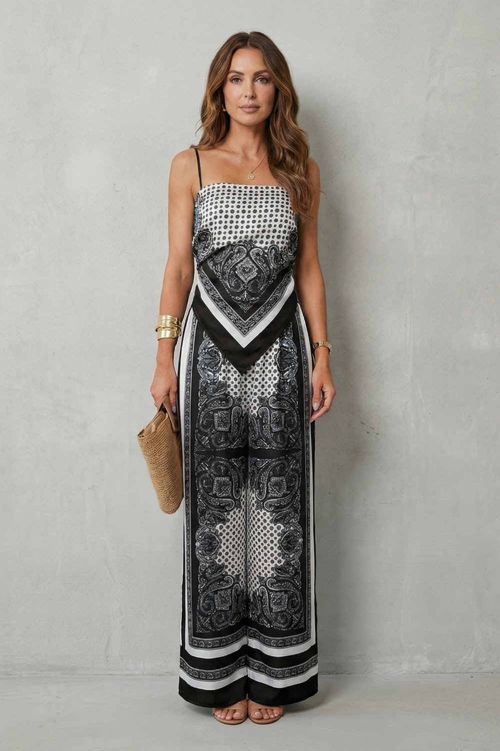 Apricot colorway of the printed top and wide-leg pants set, full-length view