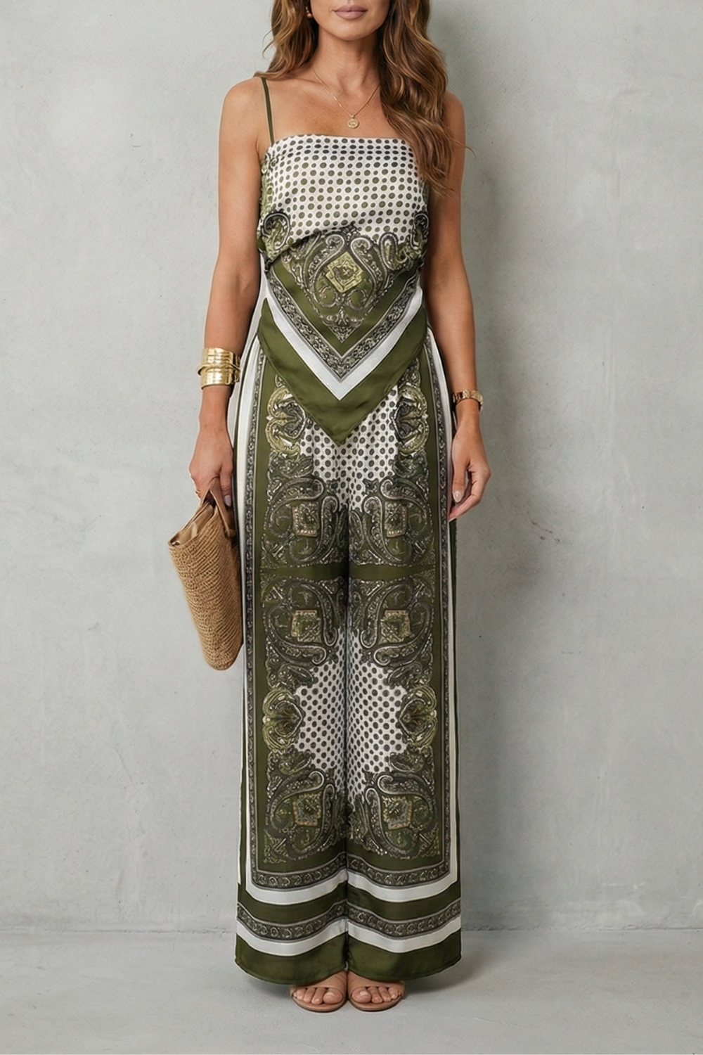 Green colorway of the printed top and wide-leg pants set, full-length view