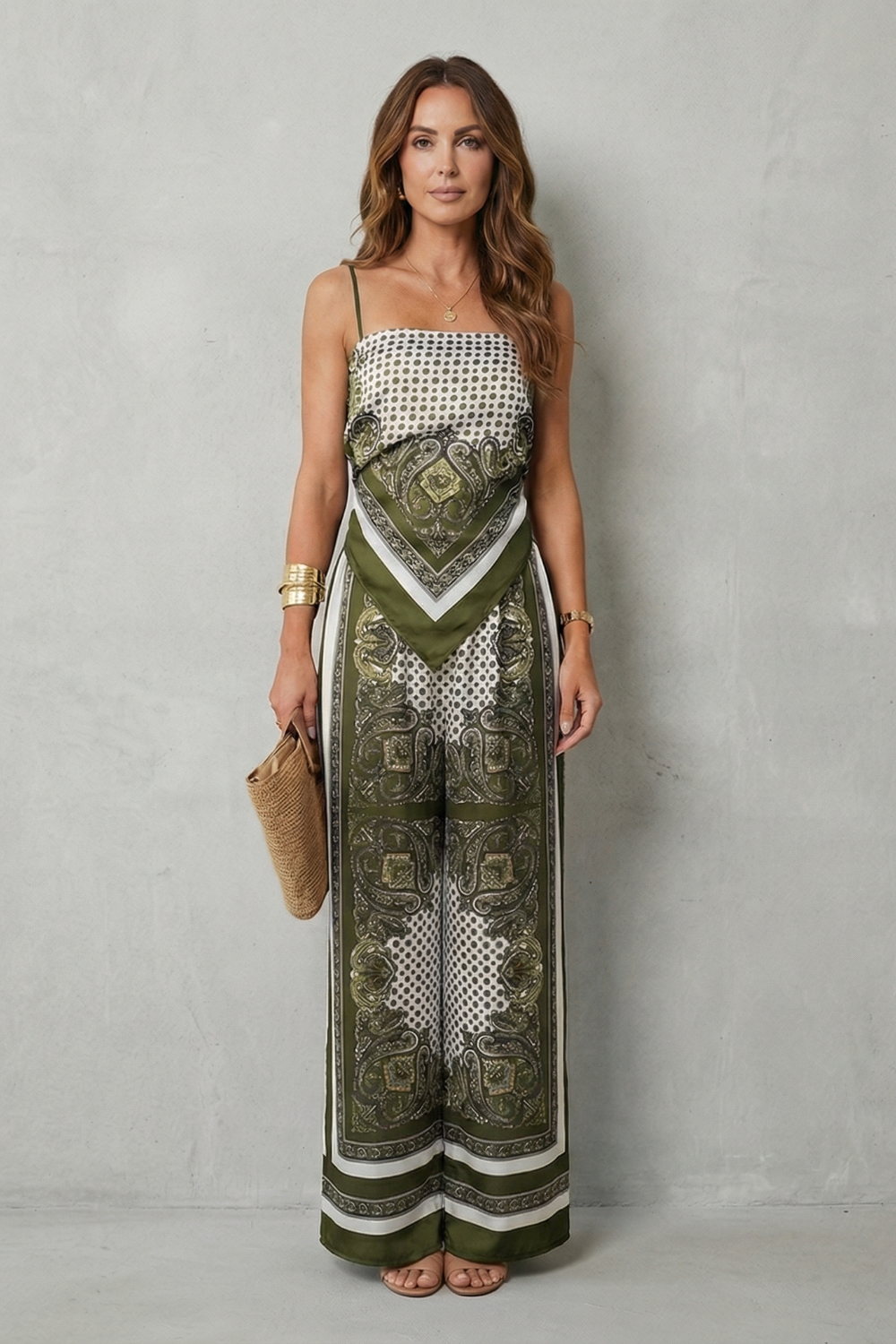 Light Blue colorway of the printed top and wide-leg pants set, full-length view