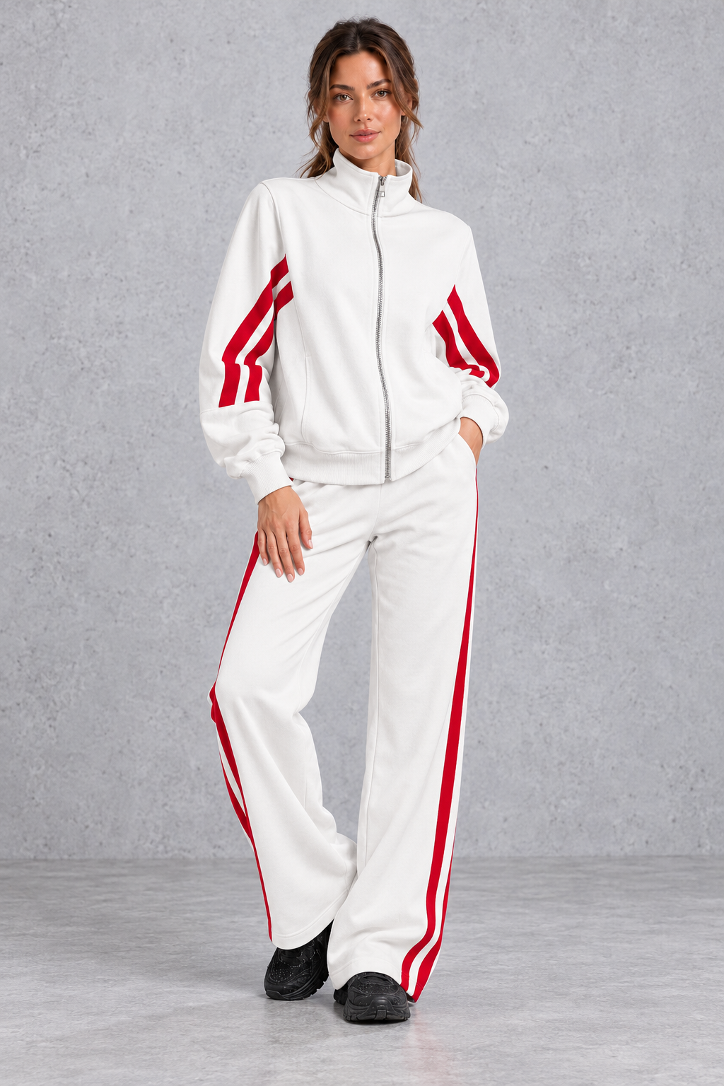 Women's cropped zip-up track jacket and wide leg joggers set, front view
