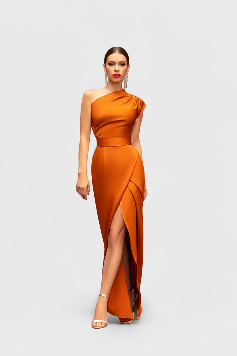 Women’s asymmetrical maxi dress with slanted collar in soft cotton blend