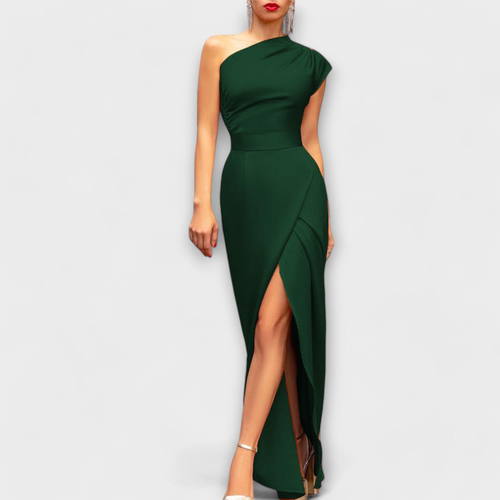 Women’s asymmetrical maxi dress with slanted collar in soft cotton blend