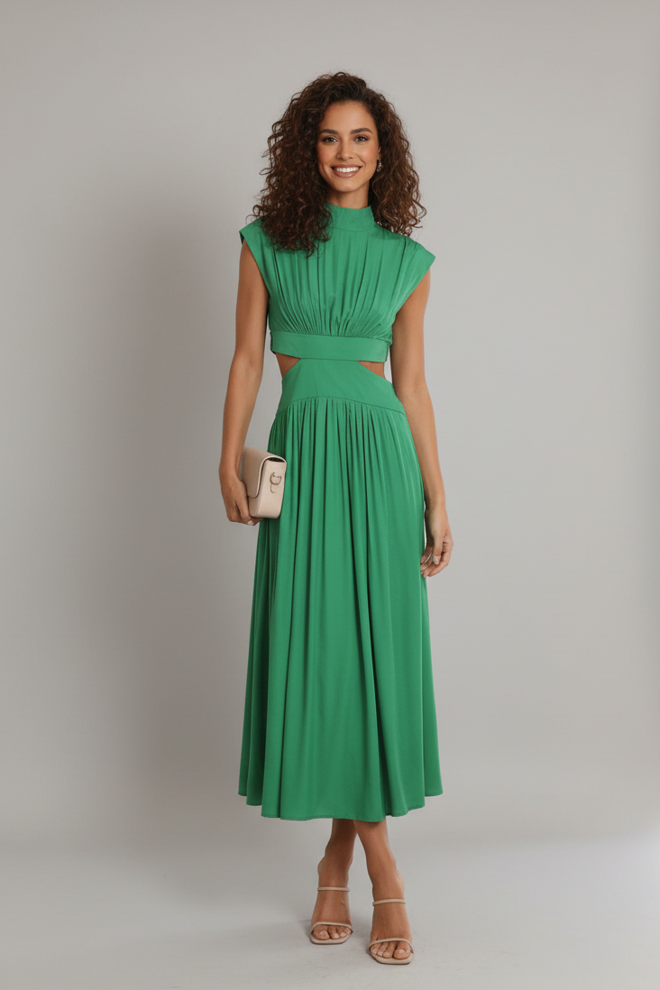 Blaise midi dress with stand neck, pleated skirt, and waist hollow-out